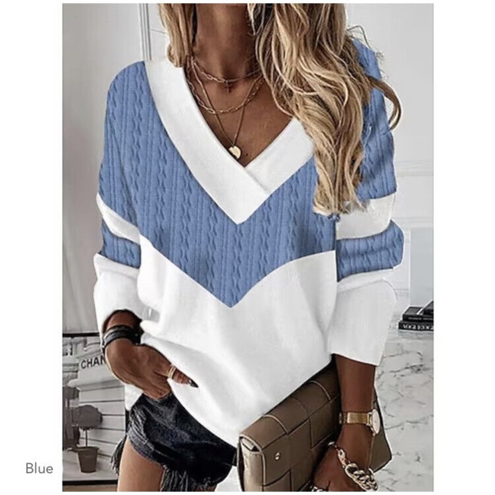Noracora V Neck Pullover Sweatshirt Blue White Color Block Size Large NWT’s